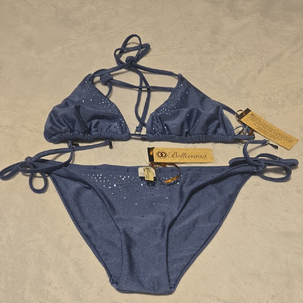 Bellissima Navy Rhinestone Tie-String Bikini